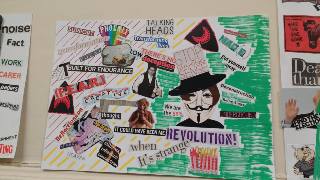 A collage made at the People's Conference, lots of cut out words and images from newspapers.