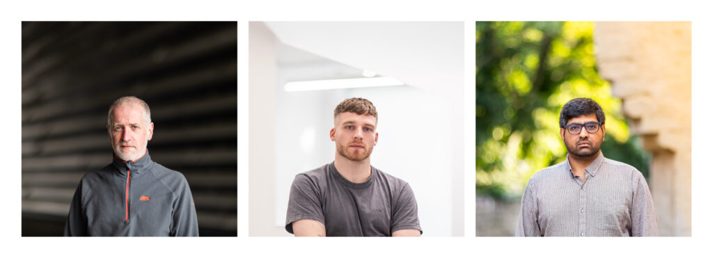 TALK. Portraits. by Graham Williams, three portrait photographs of men looking directly into the camera.