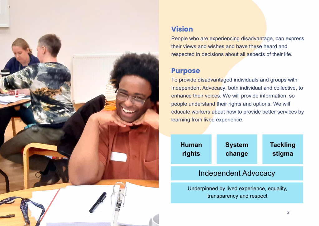 A page from CAPS Strategic Plan featuring  person smiling and CAPS Vision and Purpose represented in a digram with the words Human Rights, System change and Tackling stigma.